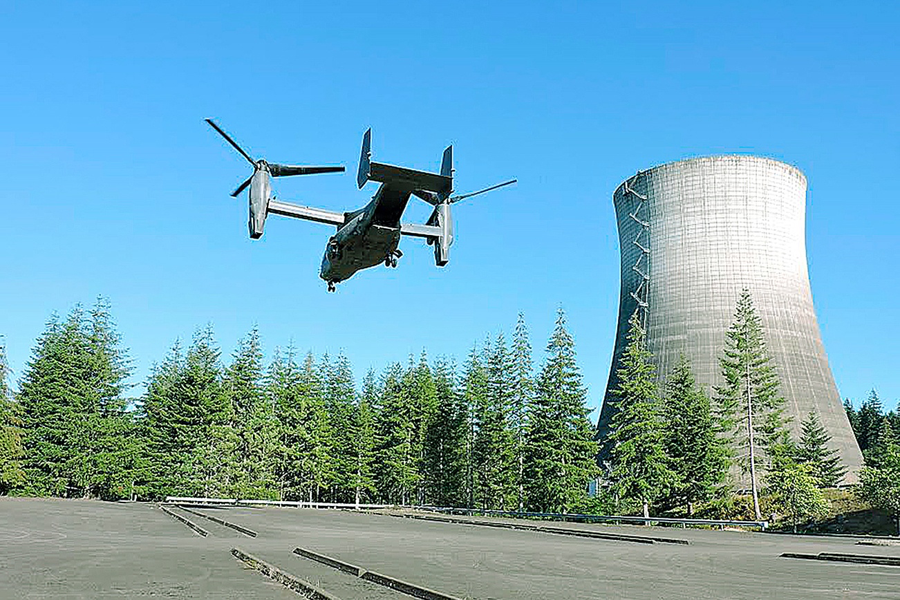 U.S. Air Force Osprey aircraft fly’s over the Satsop Business Park south of Elma