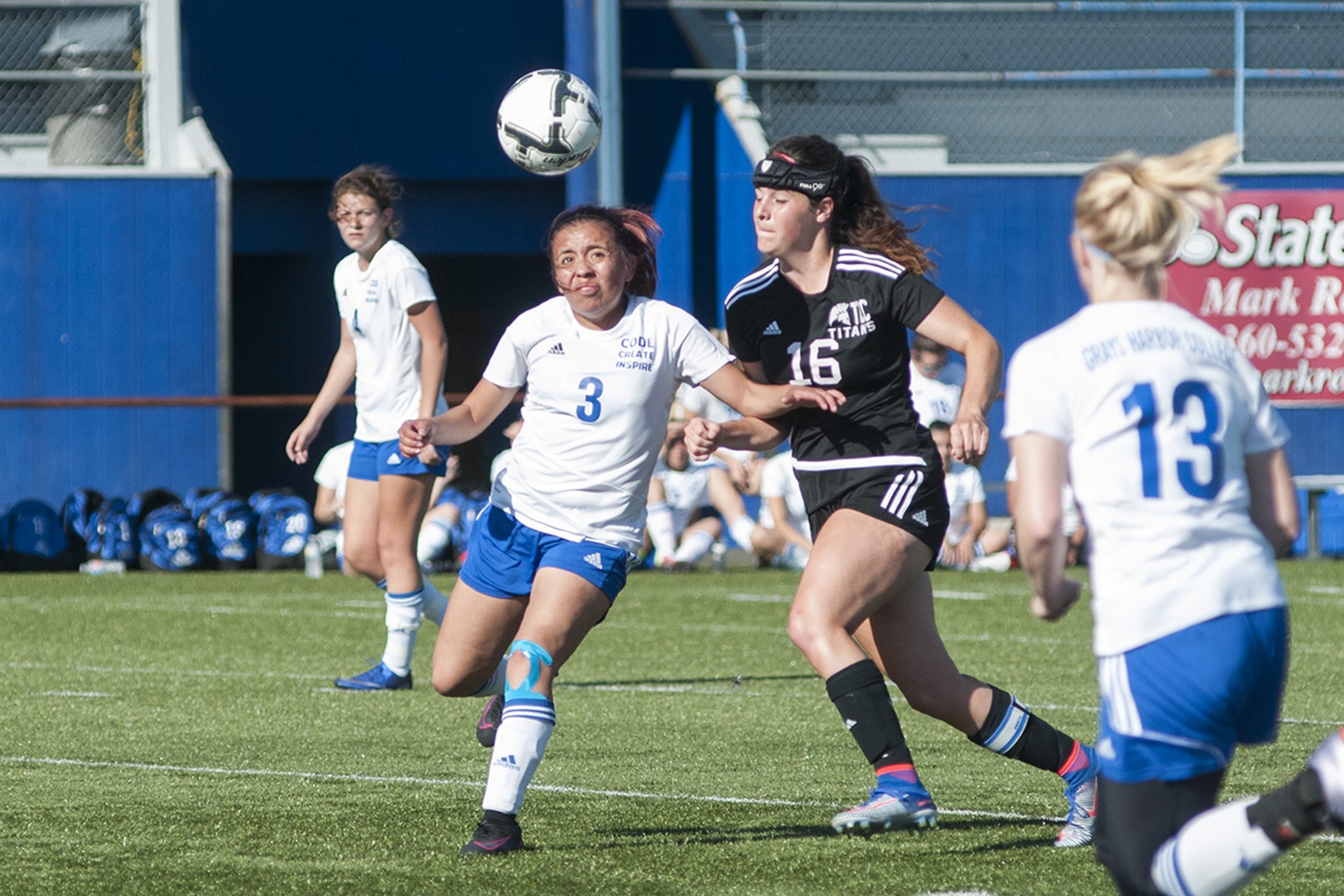 (Brendan Carl | The Daily World) GHC’s Maggie Cervantes battles Tacoma Community College’s Anna Gentile for the ball on Saturday.