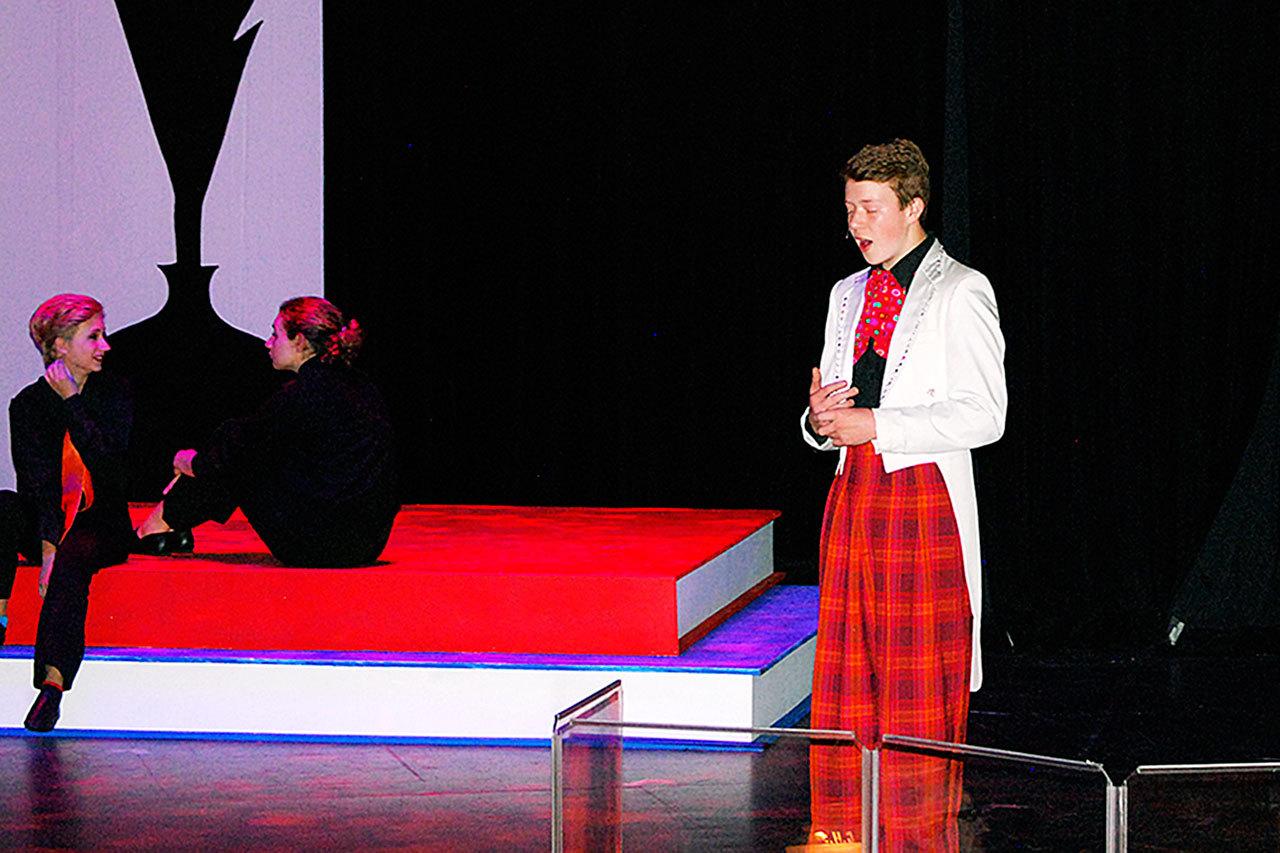 Riley Jackson portrays Ladahlord in “James and the Giant Peach,” which debuts Friday at the Bishop Center for Performing Arts at Grays Harbor College. Sitting to the left are Maija Nordin and Chawndra Hicks. (Bob Kirkpatrick/The Daily World)