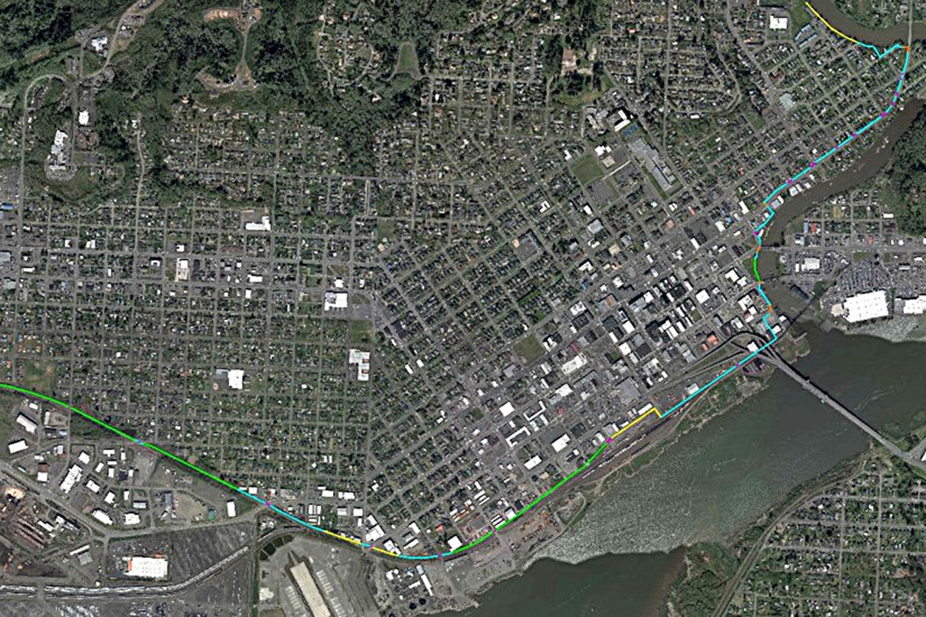 The general route for the North Shore Levee’s “preferred alignment.” The different colors represent different building materials: blue for concrete, yellow for sheet pile wall and orange for high ground, or earthen. The pink areas in the line are locations for stoplog closures, openings in the permanent dike to allow for street access that can be closed with temporary metal inserts if a flood is imminent.