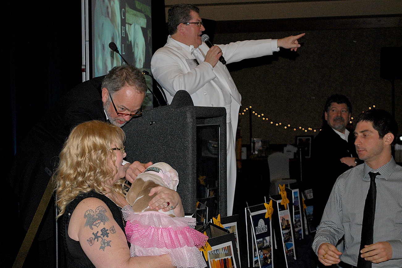 An annual highlight of the Black and White Gala United Way fundraiser is the auctioning of a puppy. This year’s scene stealer was Chloe, a purebred American bulldog. The nine-week old pup was auctioned for more than $1,000 and came a selection of food, toys and more. Leaning down for a scratch is auctioneer Eric Nelson; pointing toward a bidder is fellow auctioneer Gary Morean.