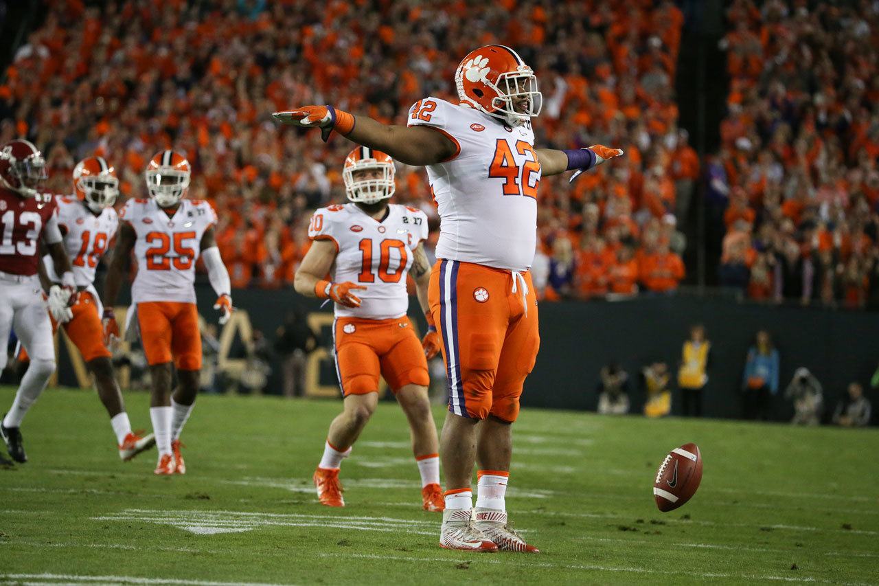 (Monica Herndon | Tampa Bay Times) Clemson’s Christian Wilkins celebrated a play early in Monday’s College Football Playoff National Championship game against Alabama in Tampa, Fla. The Tigers got the last pose, scoring with 1 second left to win, 35-31.