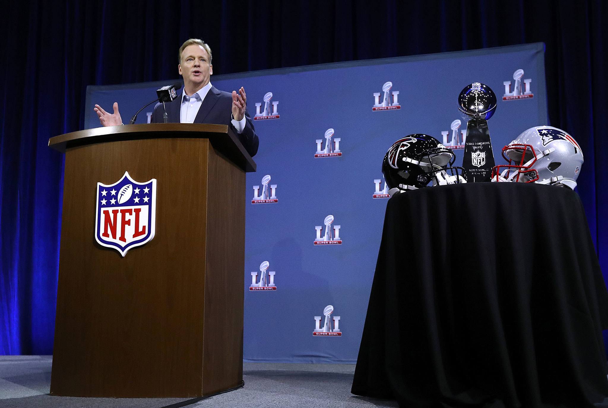 (Curtis Compton/Atlanta Journal-Constitution) NFL Commissioner Roger Goodell holds his press conference on Wednesday at the Super Bowl Media Center in Houston, Texas.