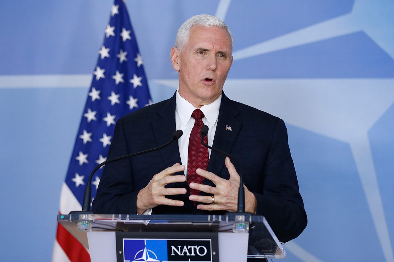 Visiting U.S. Vice President Mike Pence addresses a press conference with NATO Secretary General Jens Stoltenberg on Monday after their meeting at NATO headquarters in Brussels, Belgium. (Ye Pingfan/Xinhua)