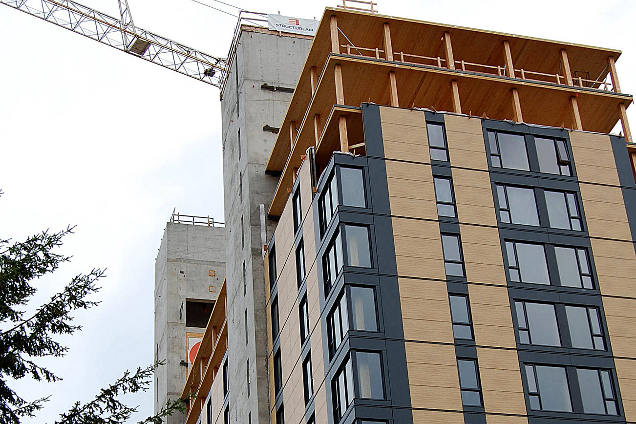 PHOTO BY FORTERRA                                Brock Commons, an 18-story University of British Columbia student housing project that went up at a pace of a floor every three days. CLT flooring was used over glulam beams with a concrete core.