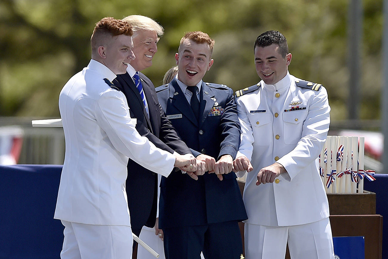 Citing his own unfair treatment, Trump urges Coast Guard cadets to ‘fight, fight, fight’