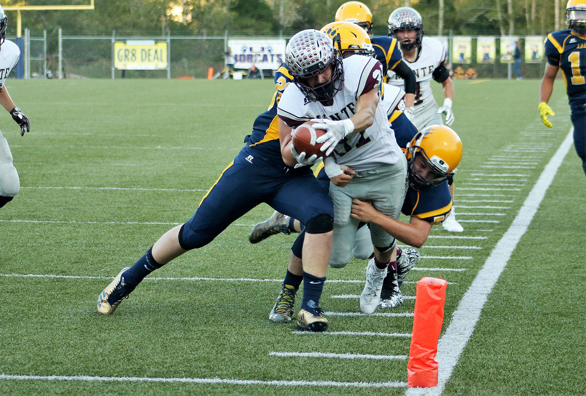 Montesano’s Carson Klinger dives for the end zone but comes up short during The Bulldogs’ 41-20 victory over Aberdeen on Friday night at Stewart Field. (Brendan Carl | For The Daily World)