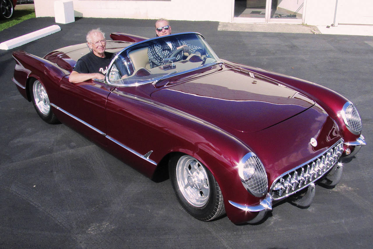 Scott D. Johnston | For Grays Harbor Newspaper Group                                 Ed Duncan, right, purchased this rare 1954 Corvette from Ken Strom, left, to enter it in the ninth annual Show N’ Shine at the Shores this weekend at Quinault Beach Resort and Casino, produced by the Pushrods of Hoquiam.