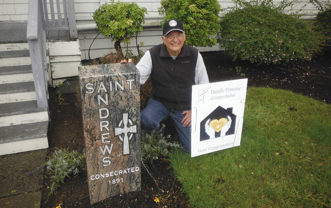 DAN HAMMOCK | THE DAILY WORLD                                Phillip MacNealy, president of Family Promise of Grays Harbor outside of one of seven host churches that have come on board to house homeless families — St. Andrew’s Episcopal Church on the corner of G and First streets in Aberdeen.