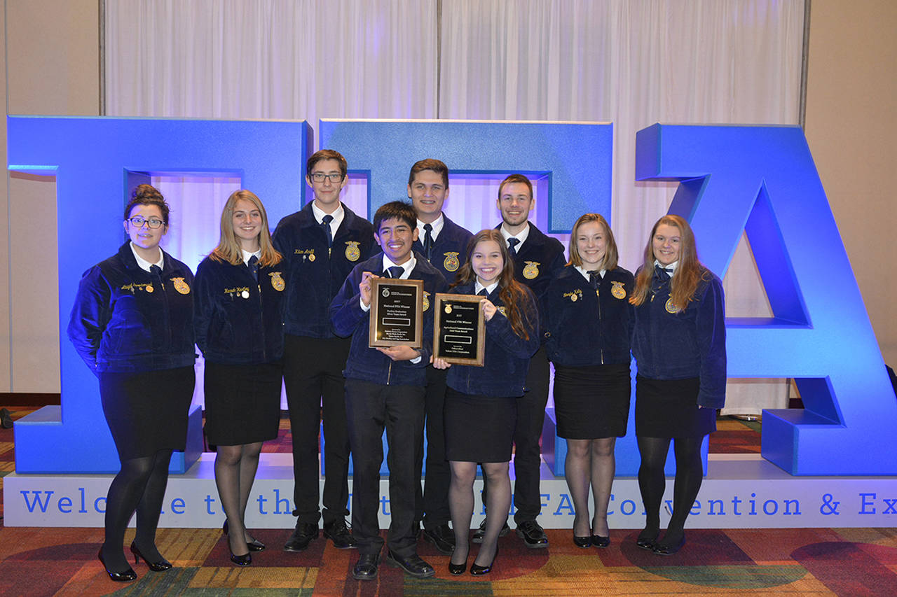 COURTESY PHOTO                                From left, Abigail Spoonhoward, Hannah Hartley, Kilian Acuff, Florencio Ramirez, Mickey Velasco, Mikhaela Nelson, Aaron Bultman, Shayla Kelly and Paige Kershaw represented the Elma FFA at the National FFA Convention in Indianapolis.