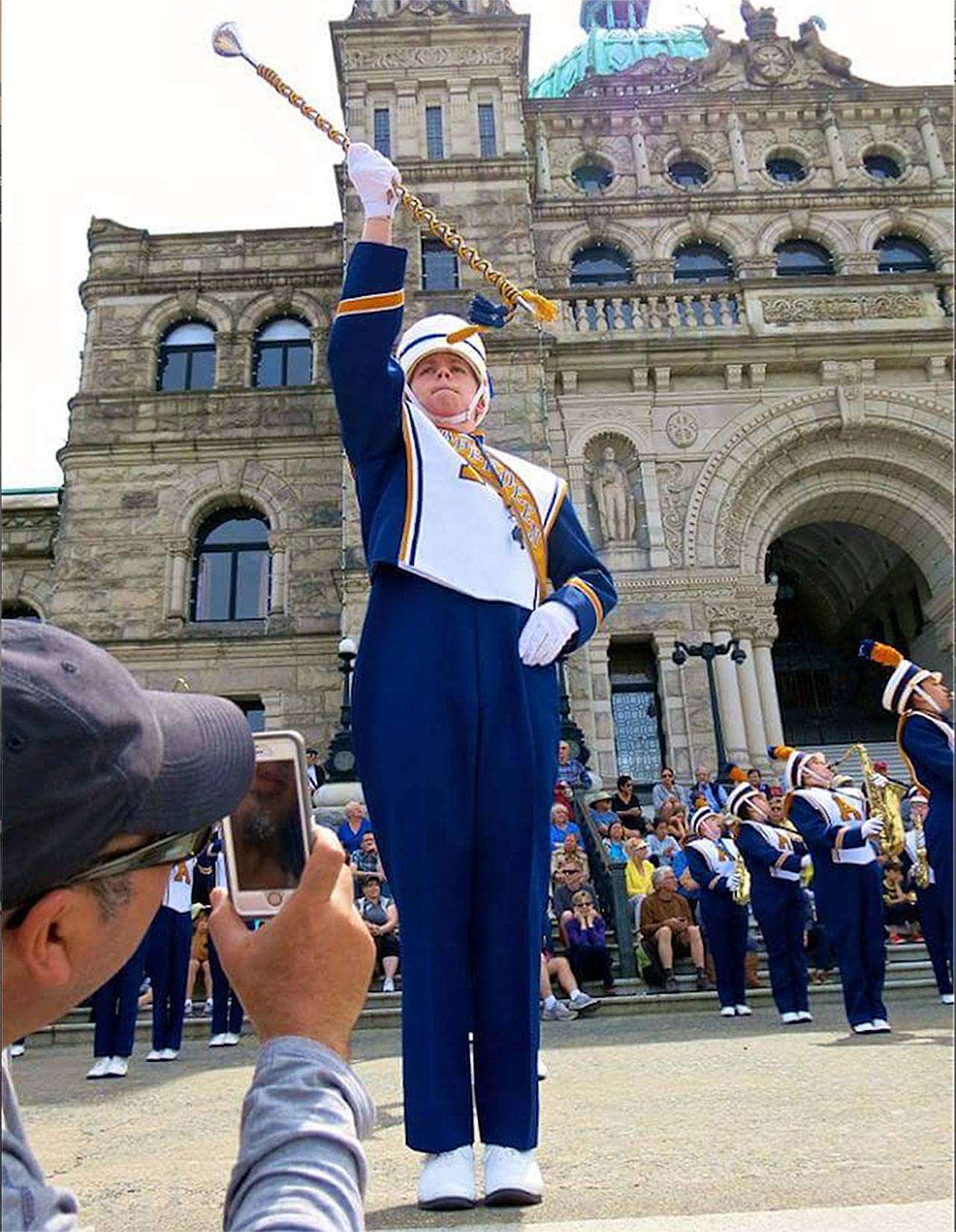 (Courtesy Karin Beard) Eric Beard leads the Aberdeen High School marching band at the Victoria Parade of Bands. Beard will travel to London to perform with 59 other All-American drum majors in the New Years Day parade.