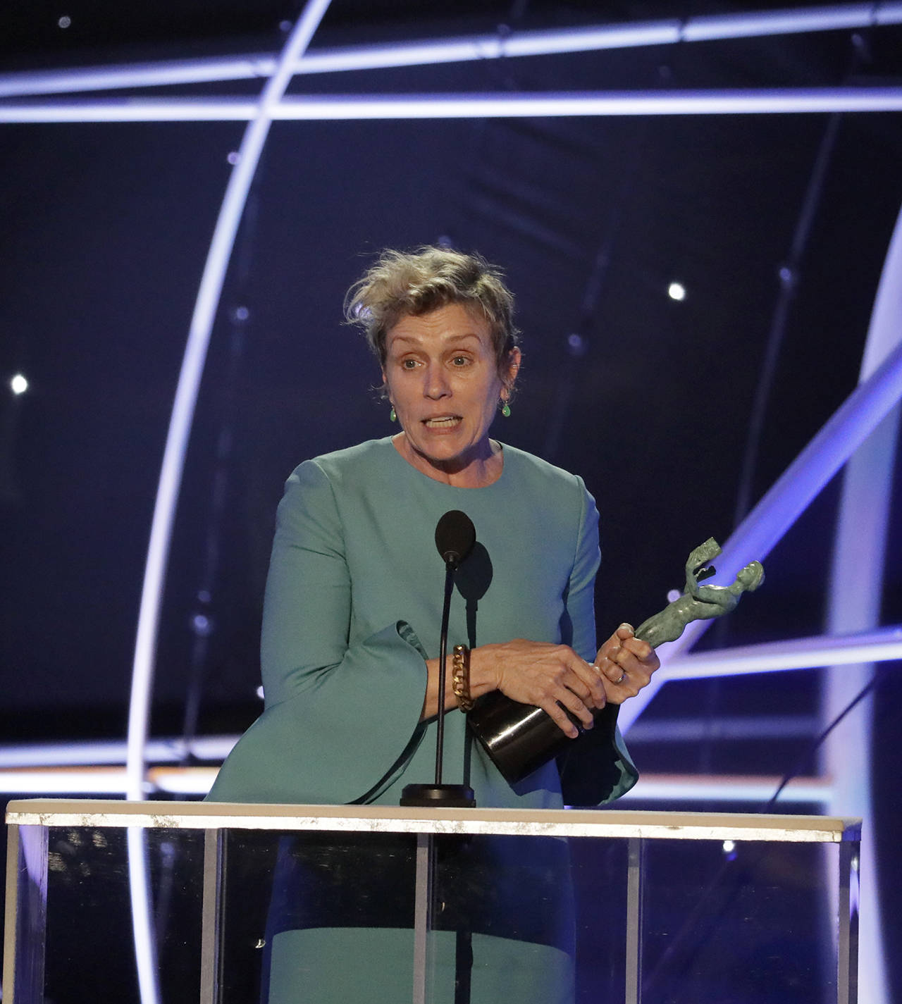 Frances McDormand accepts her award as Lead Actress for “Three Billboards Outside Ebbing, Missouri” at the 24th annual Screen Actors Guild Awards in Los Angeles on Sunday. (Robert Gauthier | Los Angeles Times)