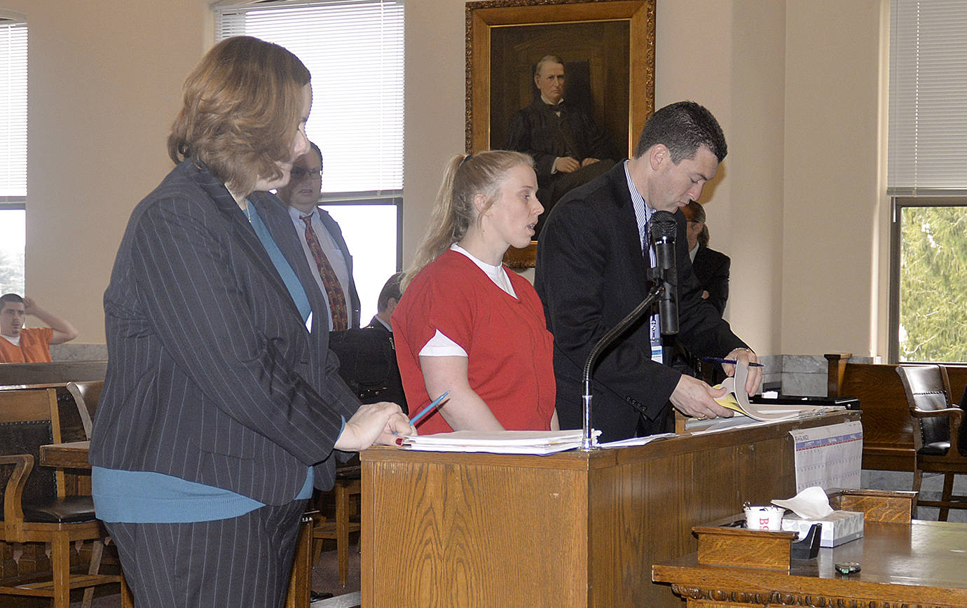 DAN HAMMOCK | THE DAILY WORLD                                Kirsten Alice O’Hara speaks before her sentencing Friday for the murder of her neighbor, 95-year-old WWII veteran Robert Harmon of Hoquiam last July. Superior Court Judge David Edwards sentenced her to the maximum allowed by law, more than 28 years in prison.