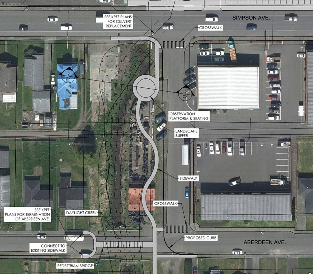 (Aberdeen Public Works) A blueprint shows part of the first phase of construction in the to Fry Creek Restoration project. The project will involve widening the creek banks as shown, as well as taking out part of Aberdeen Avenue and constructing a walking path.