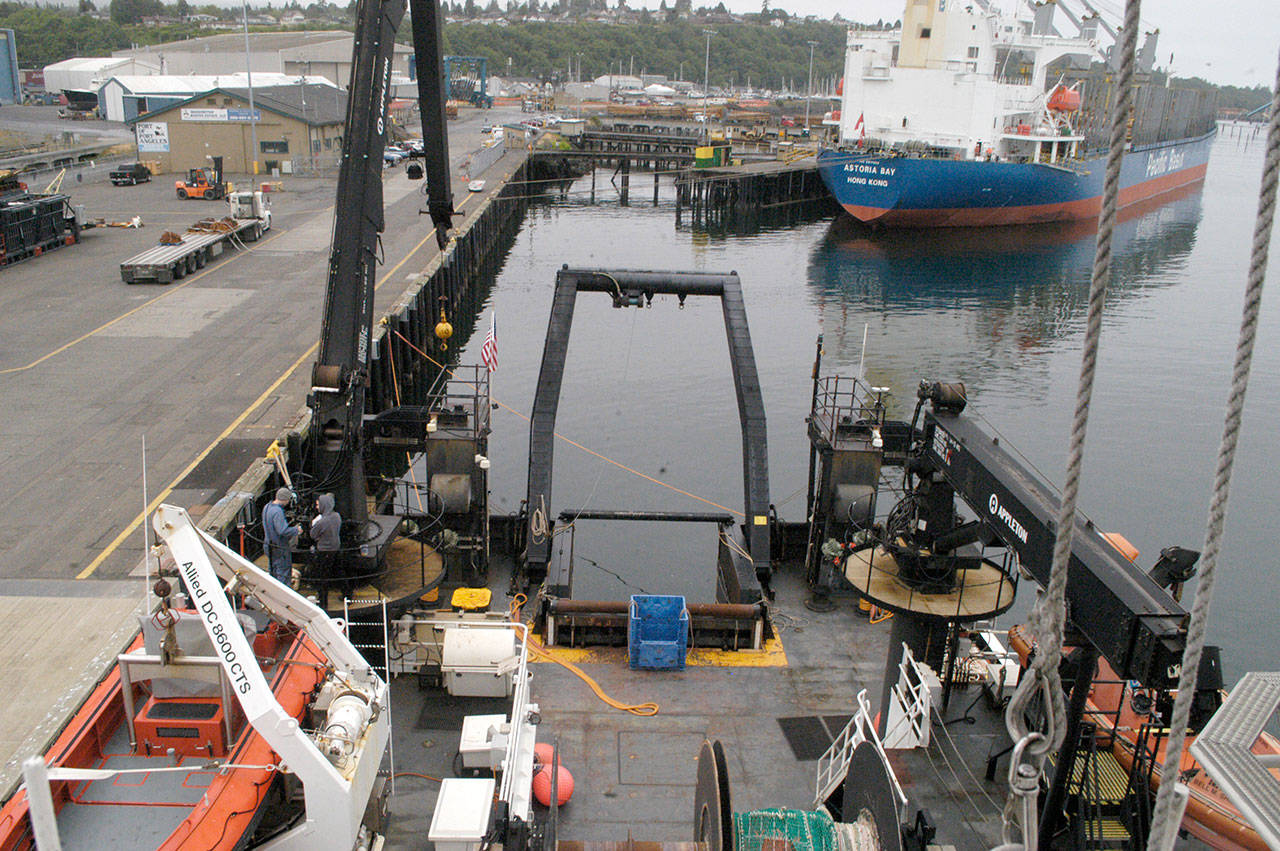 The stern of the NOAA ship Bell M. Shimada is shown while docked at the Port of Port Angeles marine terminal. (Rob Ollikainen/Peninsula Daily News)