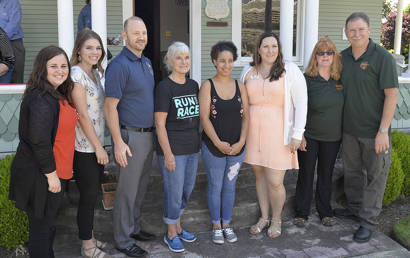 DAN HAMMOCK | TWIN HARBORS NEWSPAPER GROUP                                Montesano Chamber of Commerce board members attended the June 20 ribbon cutting at the Montesano Inn bed and breakfast. From left are Kaela Ballew, Myranda Floch, Corey Rux, Jacquie Hollingsworth, Brooke Chapman, Nickie Gill with Connections, and bed and breakfast owners Pam and John Lansing.