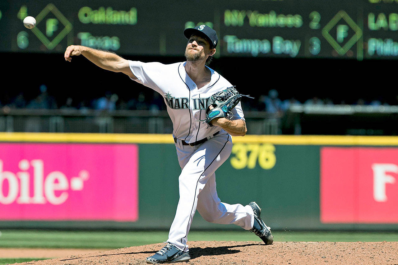 Seattle Mariners starting pitcher Mike Leake throws against the San Francisco Giants at Safeco Field in Seattle on Wednesday, July 25, 2018. The Mariners won, 3-2. (Bettina Hansen/Seattle Times/TNS)