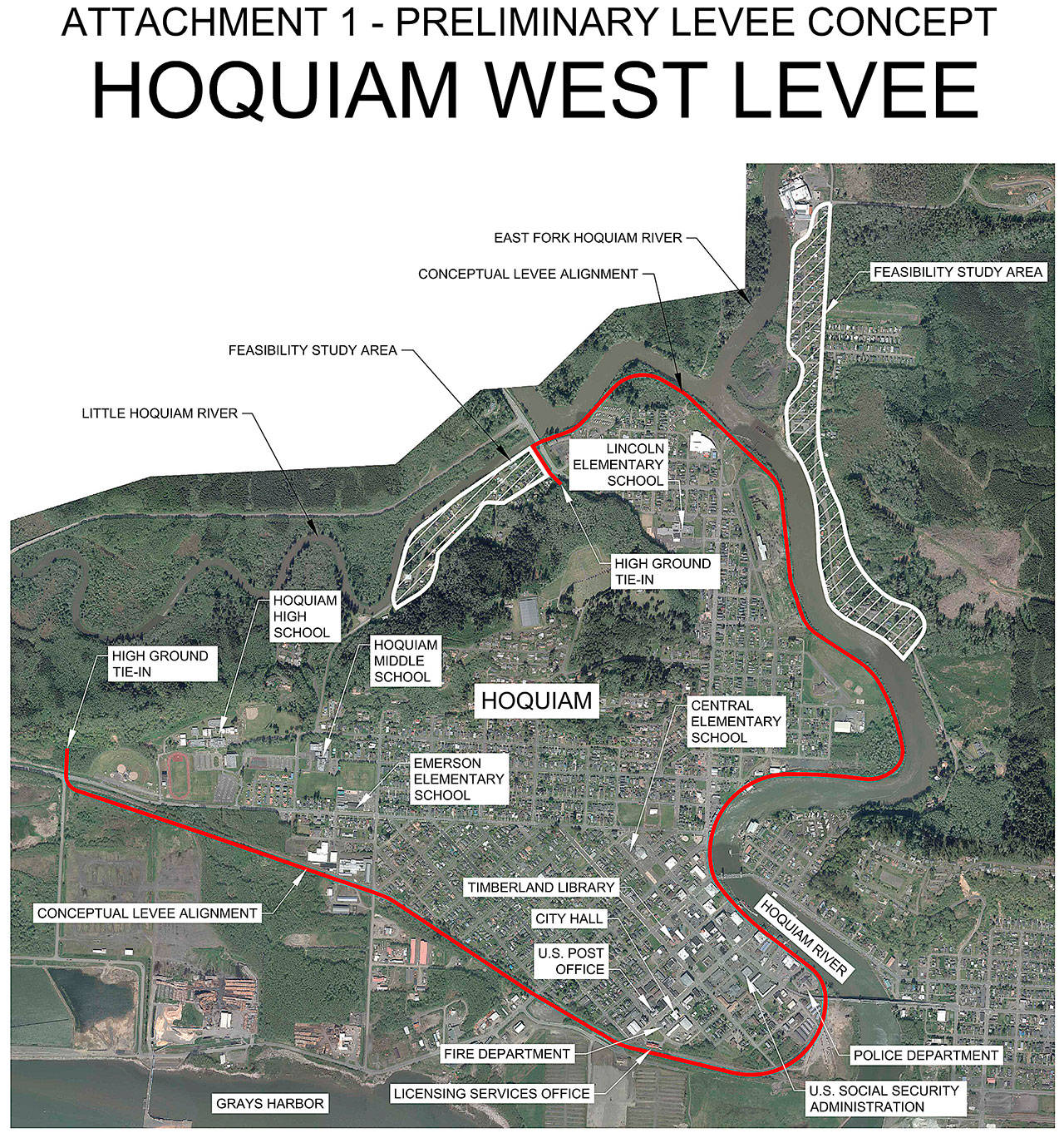 KPFF CONCEPT ART                                 The current concept art showing the proposed path of the Northshore Levee-West Segment, which would protect West Hoquiam from floods not covered by the Northshore Levee.