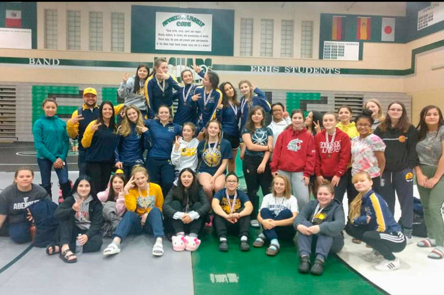 The Aberdeen girls wrestling team poses for a photo after finishing second at the Lady Jag Invitational Tournament on Saturday. (Submitted Photo)