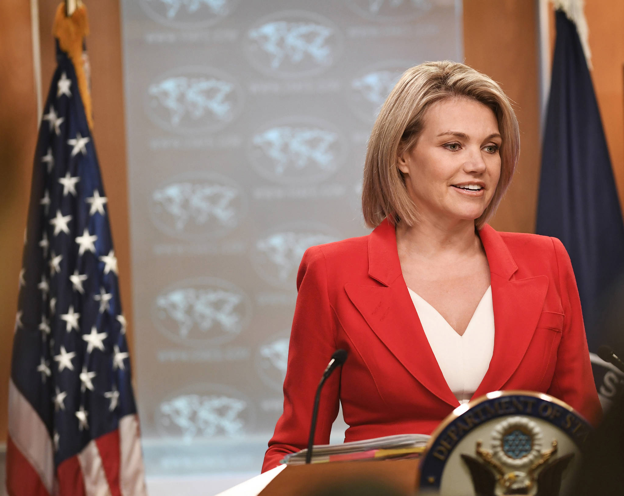 (Liu Jie/Xinhua/Zuma Press/TNS) U.S. State Department spokesperson Heather Nauert addresses a press briefing on Oct. 2, 2018 in Washington D.C. Cybersecurity experts say hackers impersonated Nauert and her deputy Susan Stevenson.