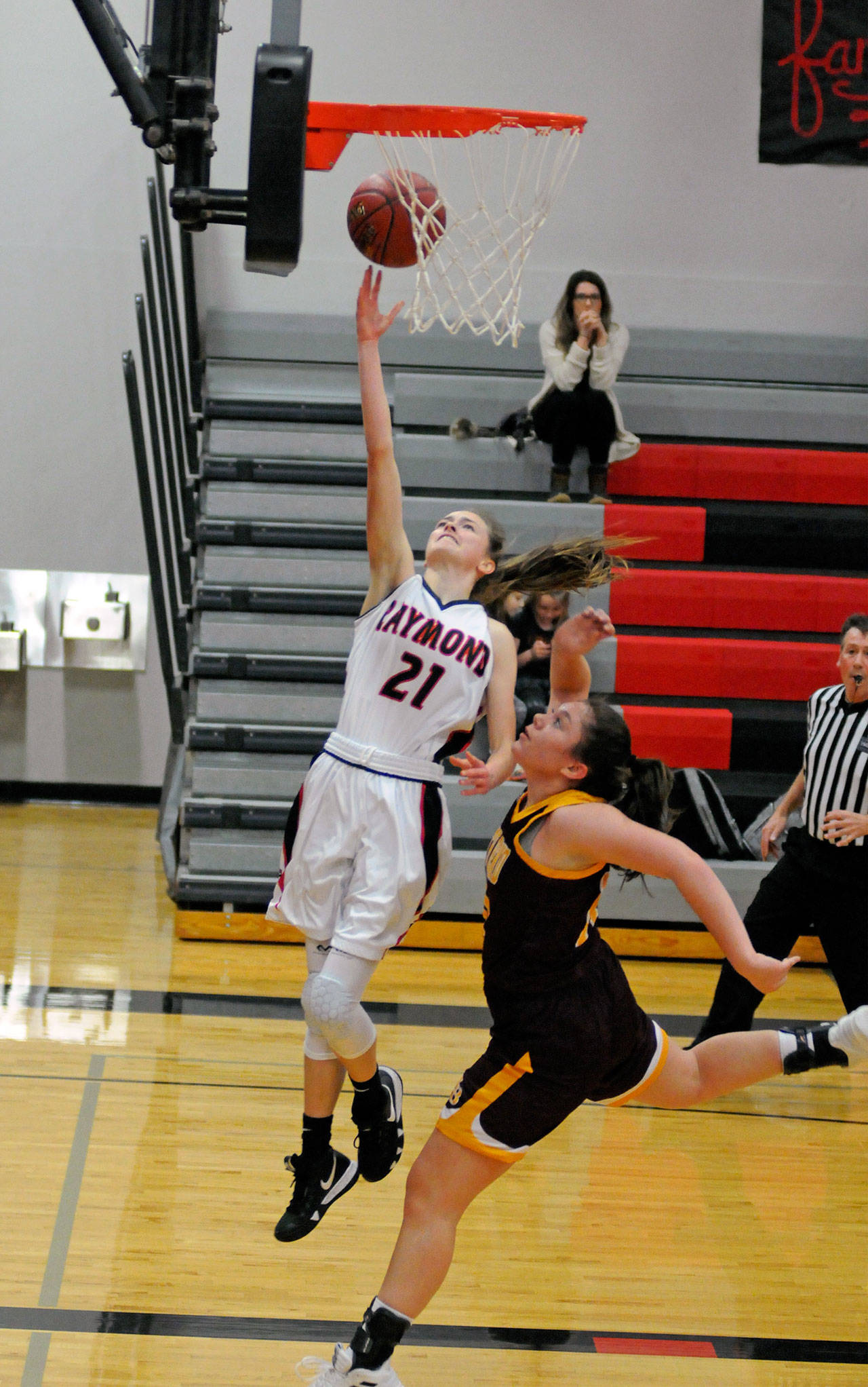 Raymond freshman Kyra Gardner scores two of her game-high 36 points during the first half of the Seagulls’ 63-61 victory over South Bend on Thursday in Raymond. (Ryan Sparks | Grays Harbor News Group)