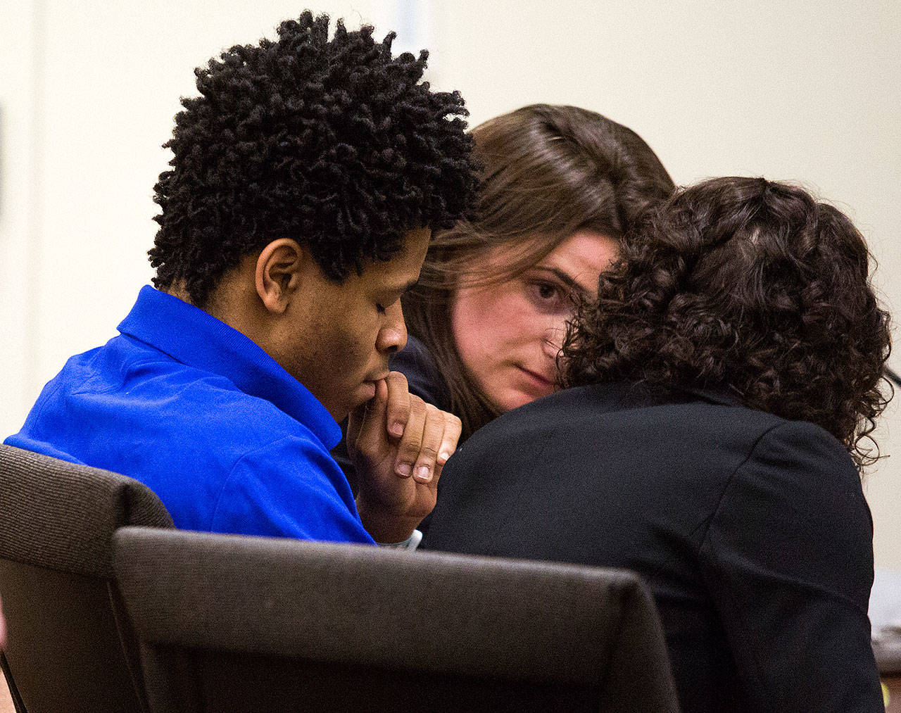 Larry Dorrough sits as his attorneys confer after he is sentenced to 25 years in prison, for the murder of Julie Knetchel, at the Snohomish County Courthouse on Monday, March 11, 2019 in Everett, Wash. (Andy Bronson / The Herald)