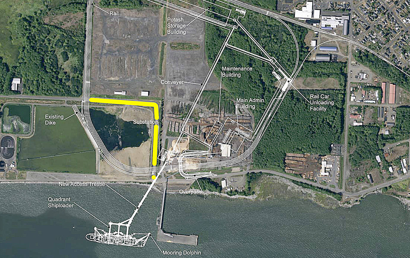 COURTESY PHOTO                                This image shows the location of the proposed BHP potash facility at the Port of Grays Harbor. Highlighted in yellow are the sections of Airport Way and Paulson Road that would be vacated to make way for the facility.