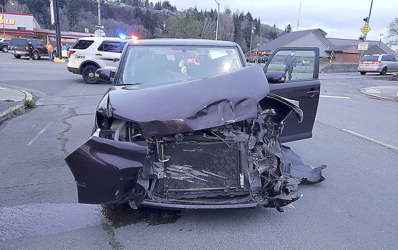 COURTESY HOQUIAM POLICE This Scion driven by a 69-year-old Hoquiam woman was involved in a two-car crash on the south end of the Simpson Avenue Bridge in Hoquiam Tuesday evening. The woman was not injured, according to police.