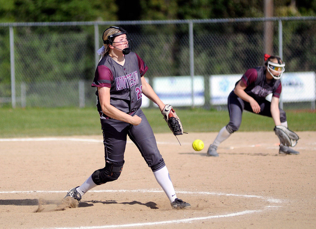 Montesano starting pitcher Lindsay Pace hurls a pitch during the Bulldogs’ 13-11 victory over PWV on Monday in Montesano. (Ryan Sparks | Grays Harbor News Group)