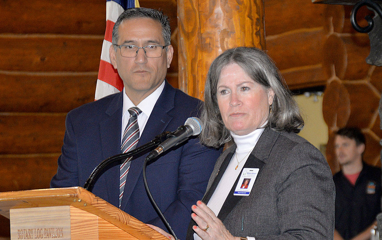 DAN HAMMOCK | GRAYS HARBOR NEWS GROUP                                Hoquiam School District Superintendent Mike Villarreal, left, and Aberdeen School District Superintendent Alicia Henderson speak about school funding at the Greater Grays Harbor Inc. monthly business forum Tuesday at the Rotary Log Pavilion.