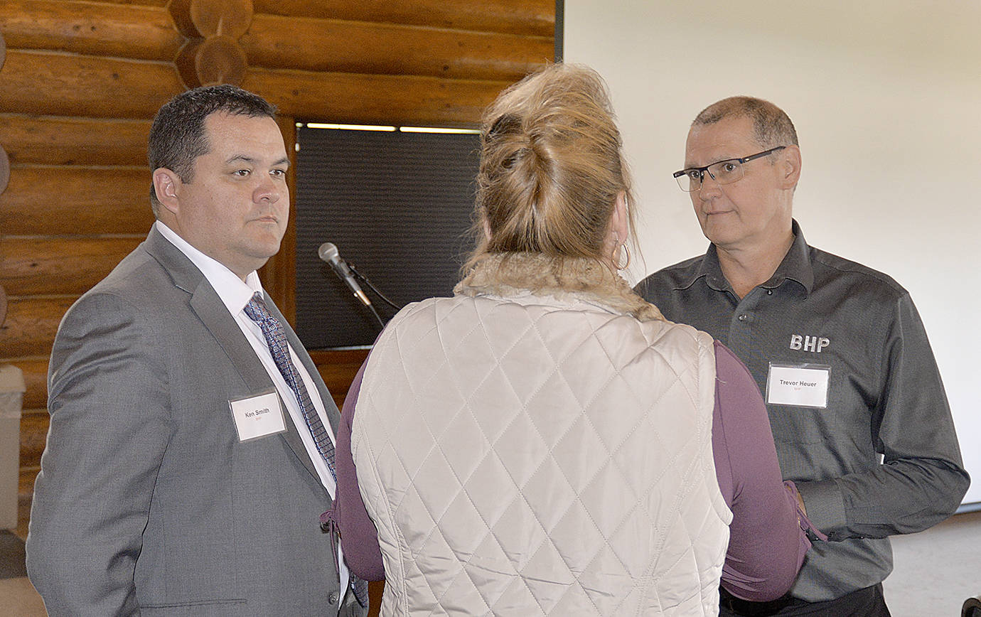 DAN HAMMOCK | GRAYS HARBOR NEWS GROUP                                BHP’s Manager of Corporate Affairs Ken Smith, left, and BHP study manager Trevor Heuer answer questions after a presentation Tuesday at the Rotary Log Pavilion in Aberdeen. The two discussed the proposed potash shipping facility at Terminal 3 at the Port of Grays Harbor.