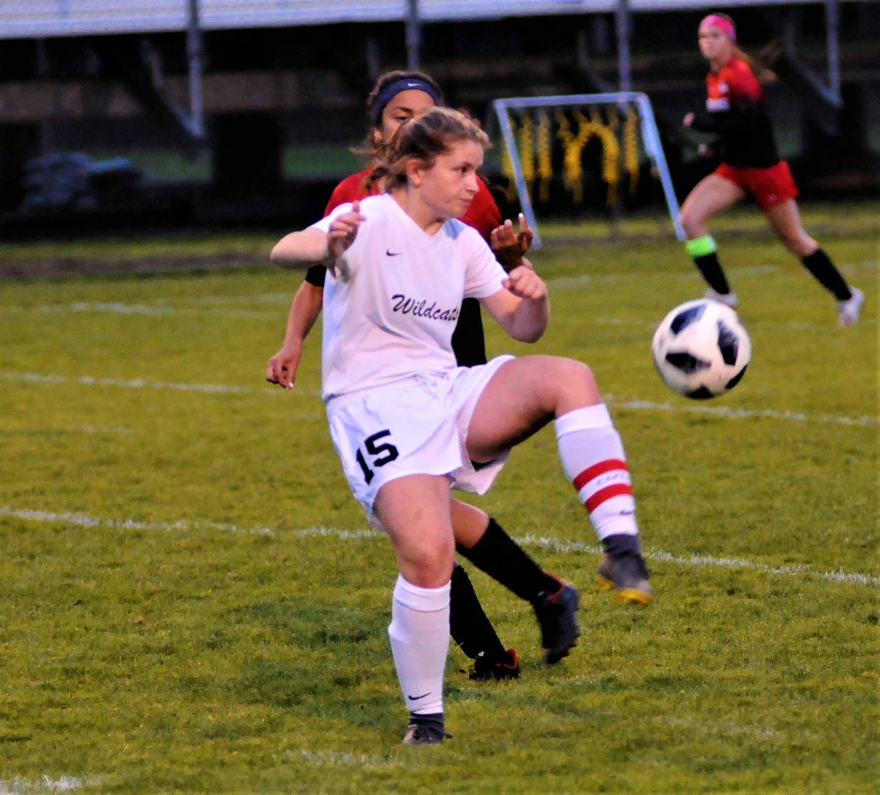 Ocosta’s Katelynn Denny controls a bouncing ball in the second half of a match against Toledo on Wednesday. (Hasani Grayson | Grays Harbor News Group)