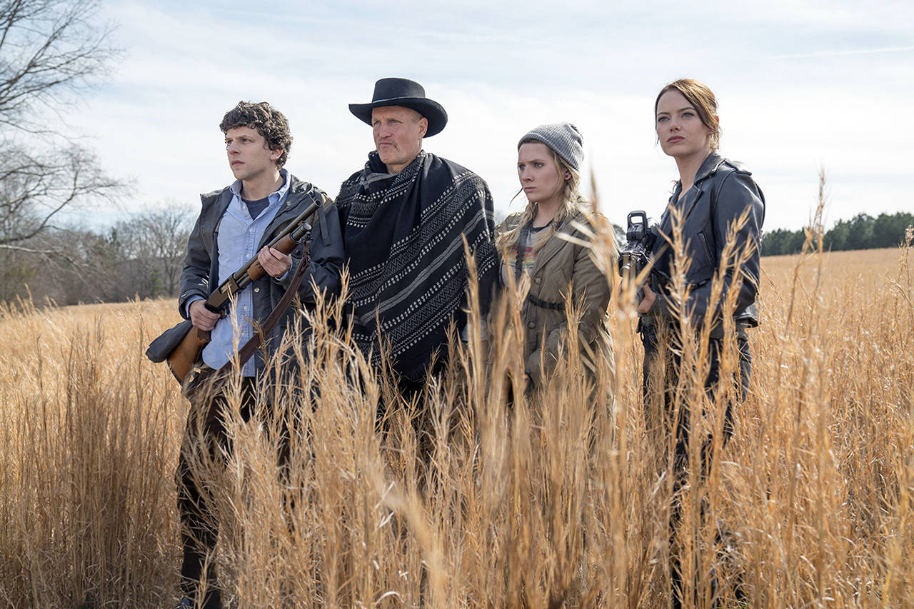 Columbus (Jesse Eisenberg), Tallahassee (Woody Harrelson), Little Rock (Abigail Breslin) and Wichita (Emma Stone) in “Zombieland: Double Tap.”