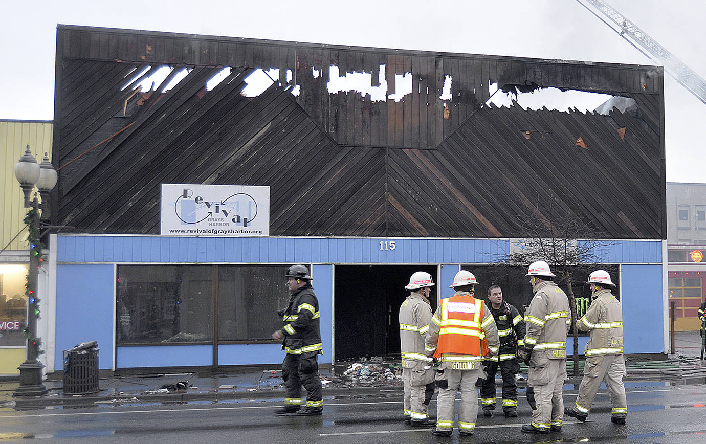 DAN HAMMOCK | GRAYS HARBOR NEWS GROUP                                A fire gutted at 115 W. Heron in Aberdeen Saturday morning. The three-alarm blaze was reported shortly before 3 a.m. and firefighters were still on the scene mopping up hot spots at 8 a.m.