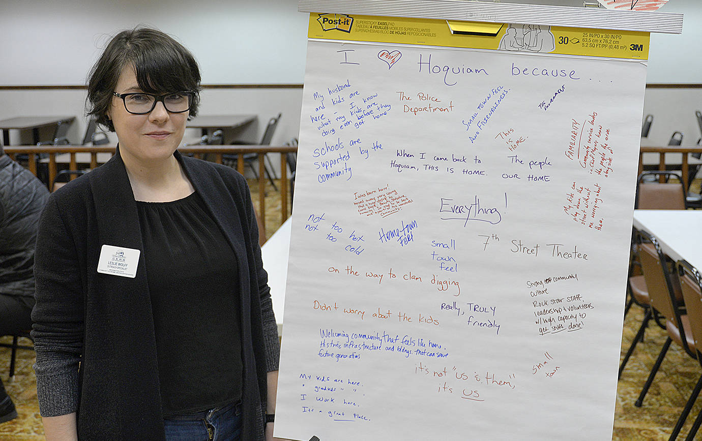 DAN HAMMOCK | GRAYS HARBOR NEWS GROUP                                Participants in Thursday’s Department of Commerce open house were asked to write down what they loved about Hoquiam, as the city and Commerce took input from the community about what should be the citys top priorities. Pictured is Department of Commerce Outreach Specialist Leslie Wolff.