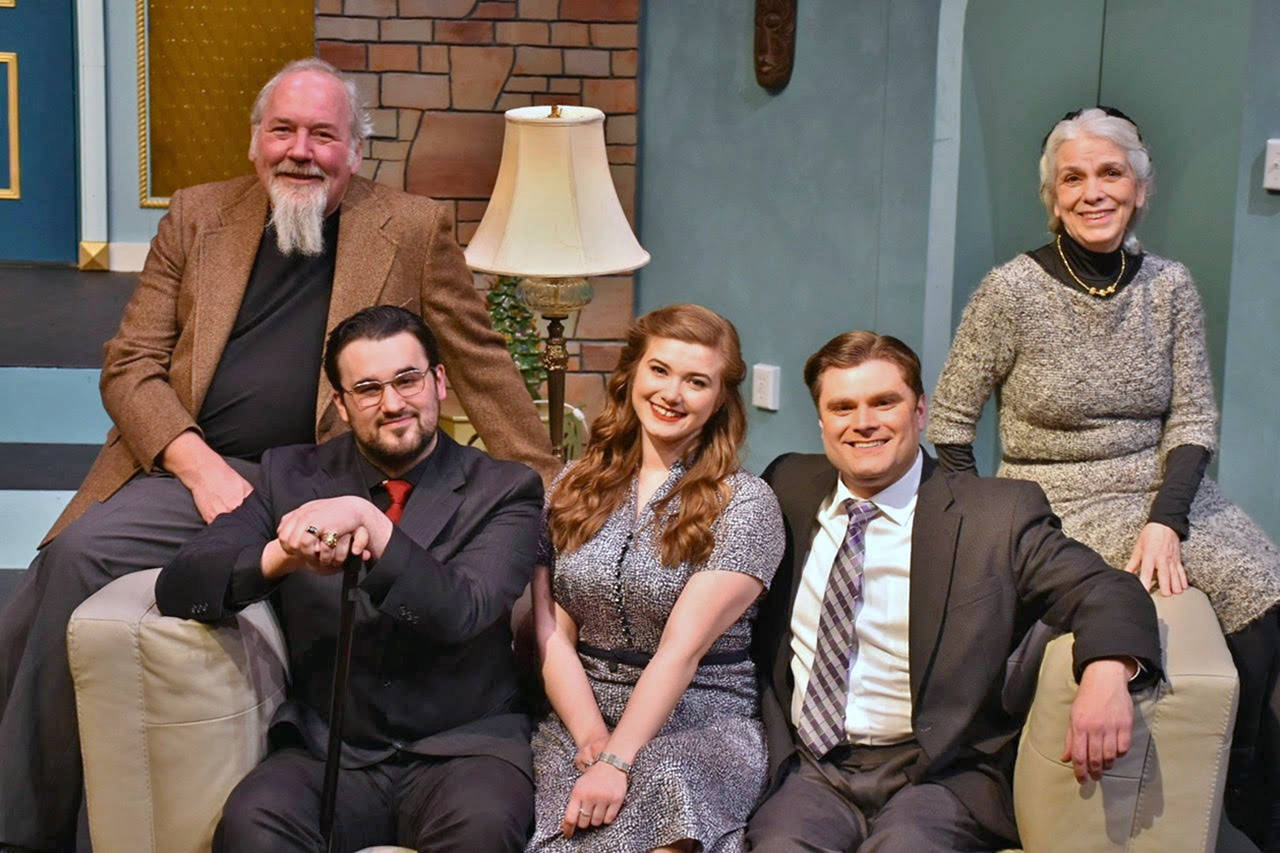 Courtesy photos                                The cast of “Bell, Book and Candle,” from left: Michael Solan (who plays Sidney Redlitch), Connor Nuckols (Nicky Holroyd), Natasha Brown-Williams (Gillian Holroyd), Bryan Blackburn (Shepherd Henderson), and Barbara Harm (Aunt Queenie).