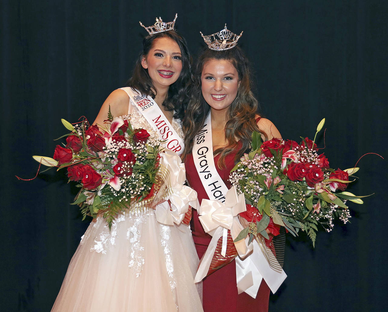 Keith J. Krueger photo                                Courtney Glenn, right, was crowned Miss Grays Harbor on Saturday night. Sofia Da Silva, left, is Grays Harbor’s Outstanding Teen.