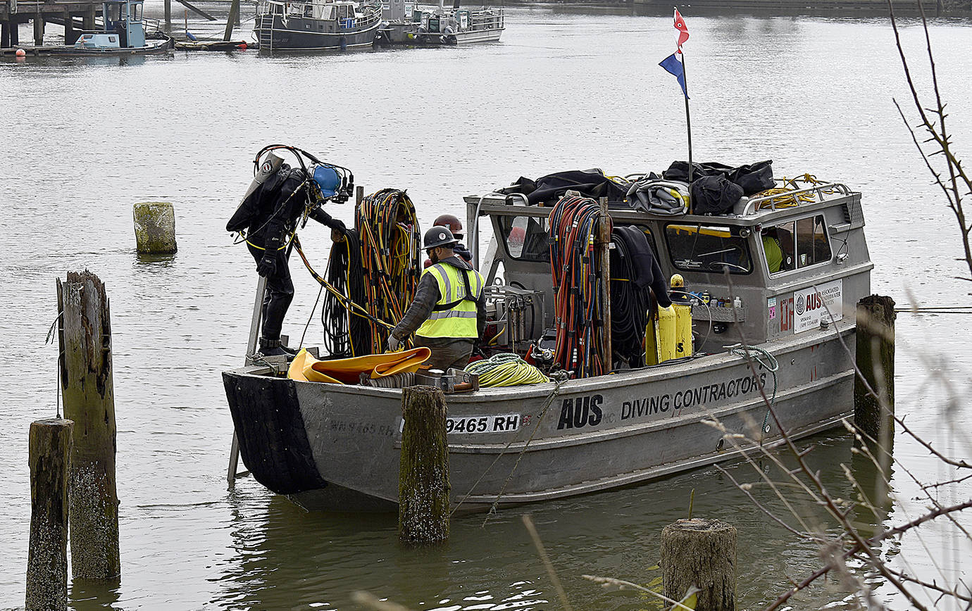 DAN HAMMOCK | GRAYS HARBOR NEWS GROUP                                A diver prepared to ascend to the Lady Grace at the bottom of the Hoquiam River. Divers were doing some repairs to the vessel’s hull and placing flotation devices which will be used to raise the sunken vessel.