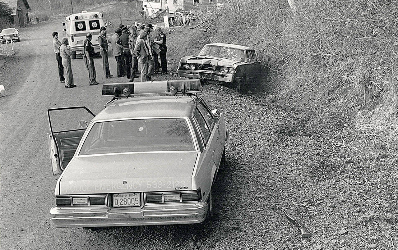 COURTESY HOQUIAM POLICE DEPARTMENT                                 Hoquiam Police officer Donald Burke was shot and killed in the line of duty 40 years ago April 16. Here is a police file photo of the suspect’s car at Bear Gulch.