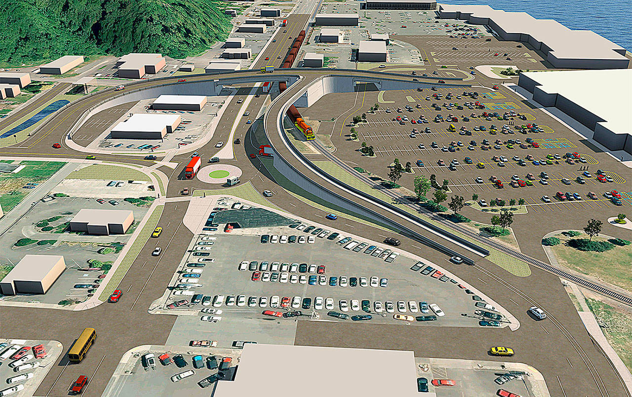 COURTESY IMAGE                                 The most current design for the Aberdeen US12 Rail Separation Project, going into the design phase later this year. The project is intended to lessen the traffic congestion in east Aberdeen by elevating the highway above the level of the train tracks.