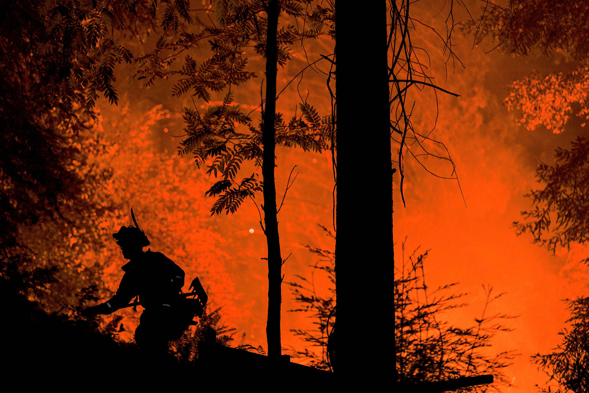 Firefighters respond to a structure fire CZU Lightning complex fire on Sunday in Boulder Creek, California. (Kent Nishimura/Los Angeles Times)