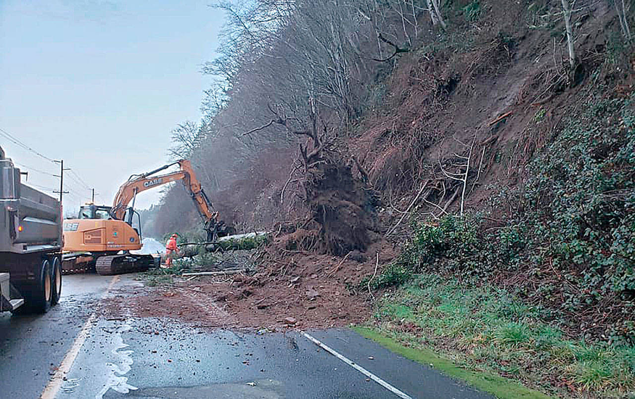 COURTESY HOQUIAM POLICE DEPARTMENT 
Just shy of a year after a slide closed State Route 109 just west of Hoquiam, the same hillside came down again early Friday morning, closing the road in both directions. Hoquiam and state Department of Transportation crews were clearing trees and mud from the slide Friday morning.