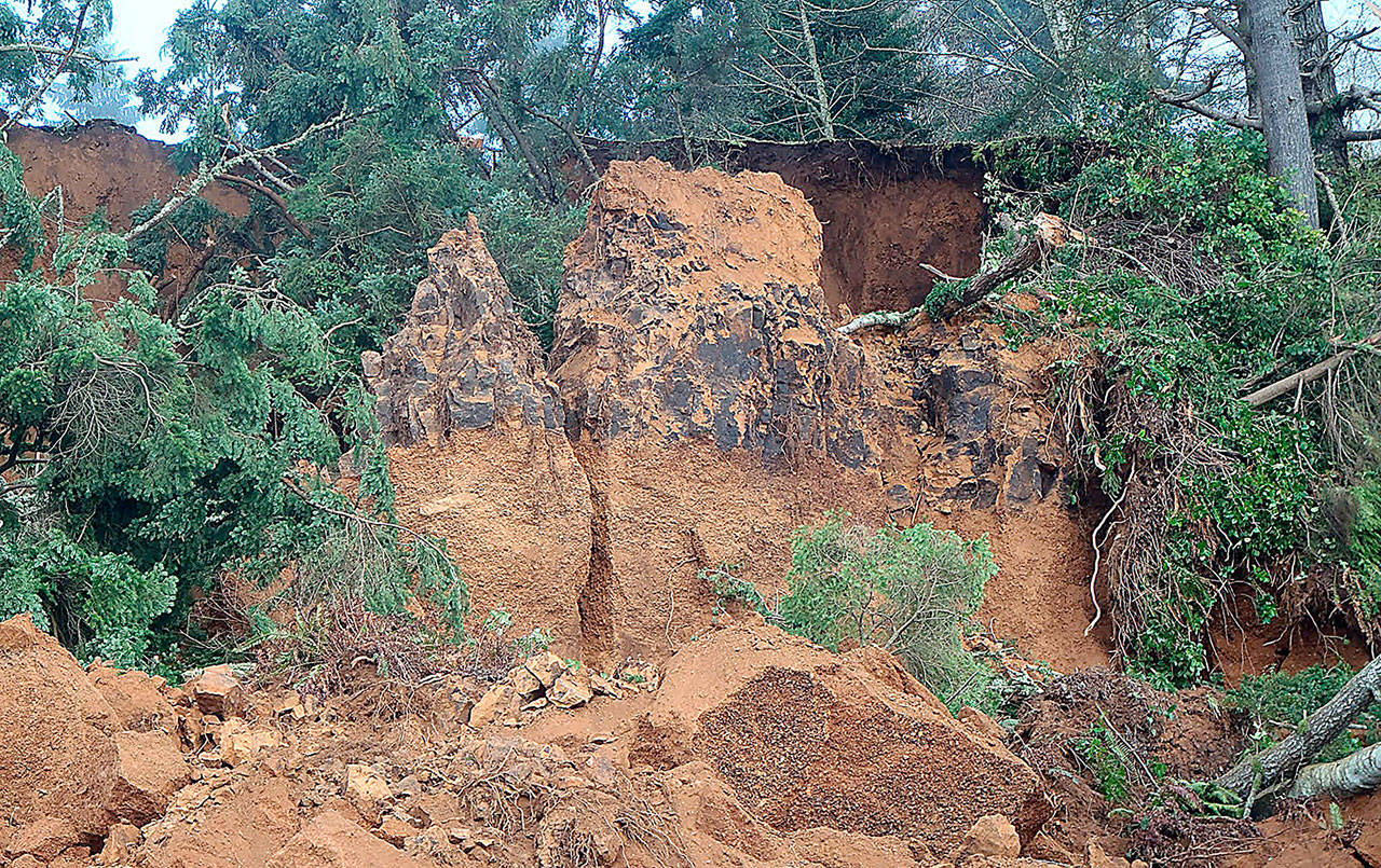 COURTESY STATE DEPARTMENT OF TRANSPORTATION 
There are still large rocks and other debris on the hillside that will need to be removed and/or stabilized before State Route 109 just west of the Hoquiam city limits can reopen after a large slide covered the roadway Sunday, Jan. 17.