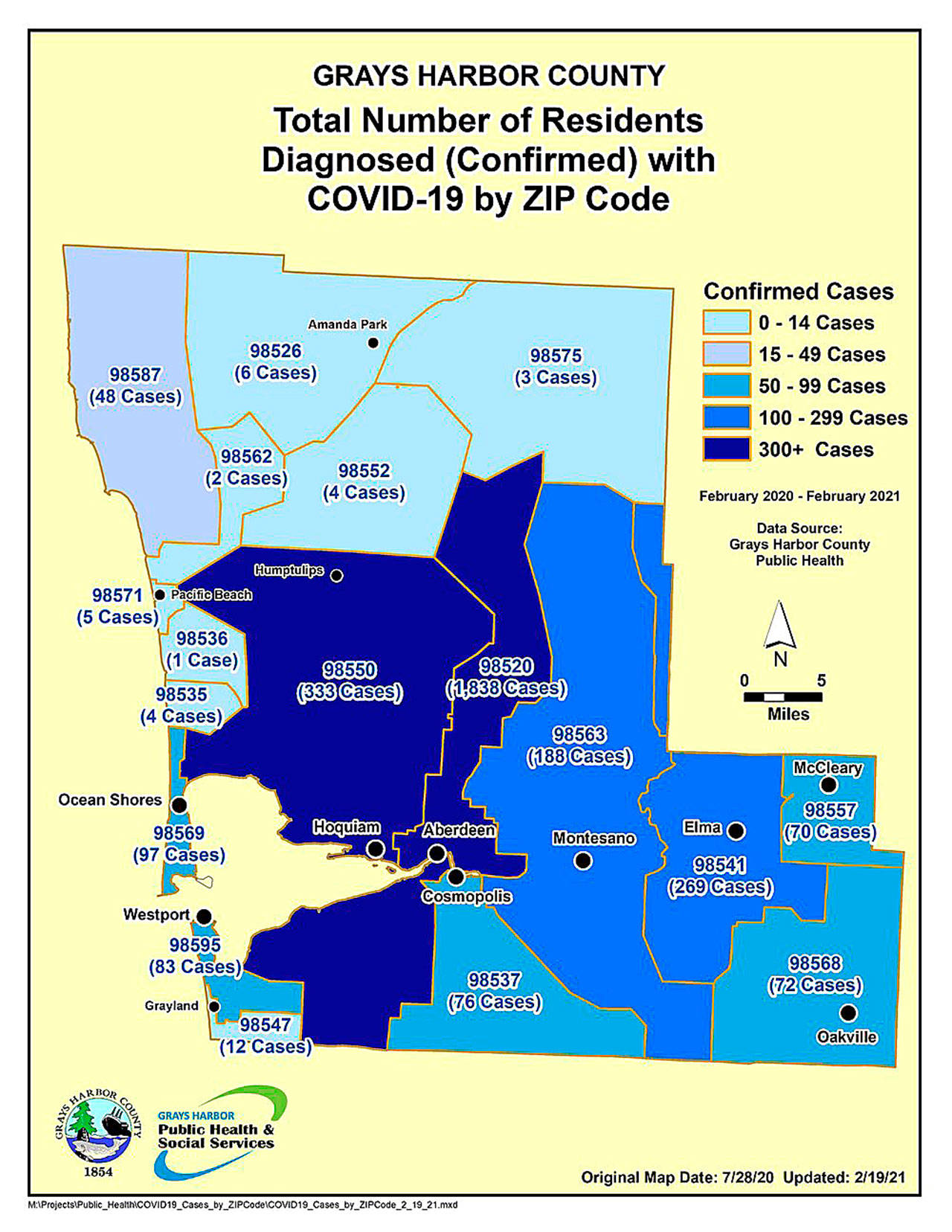 Grays Harbor County COVID-19 cases by zip code, map updated Feb. 19.