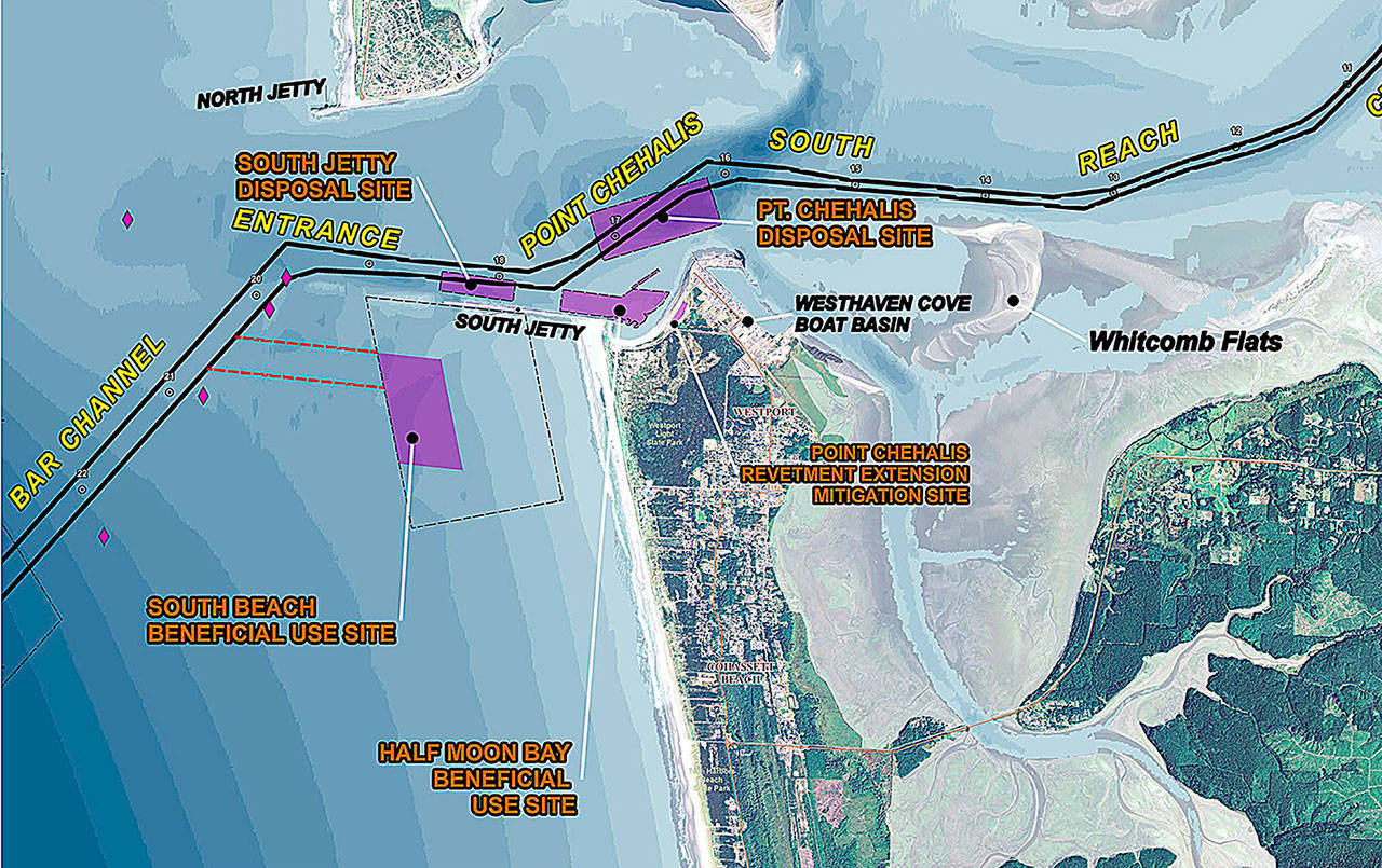 COURTESY ARMY CORPS OF ENGINEERS 
A map showing the location of upcoming dredging activity and materials disposal sites. The Army Corps of Engineers will begin annual maintenance dredging in Grays Harbor April 5.