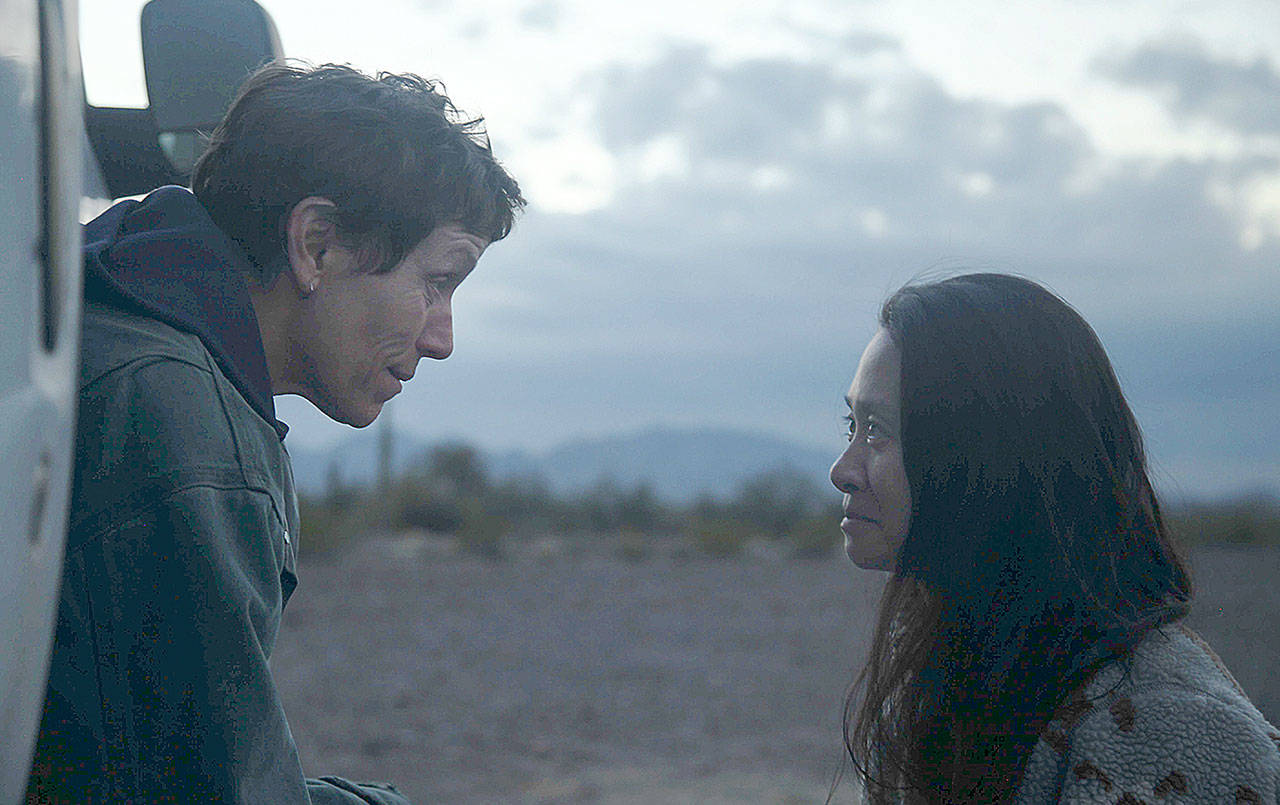 Frances McDormand and Director/Writer Chloé Zhao on the set of "Nomadland." (Joshua James Richards/20th Century Studios/TNS)