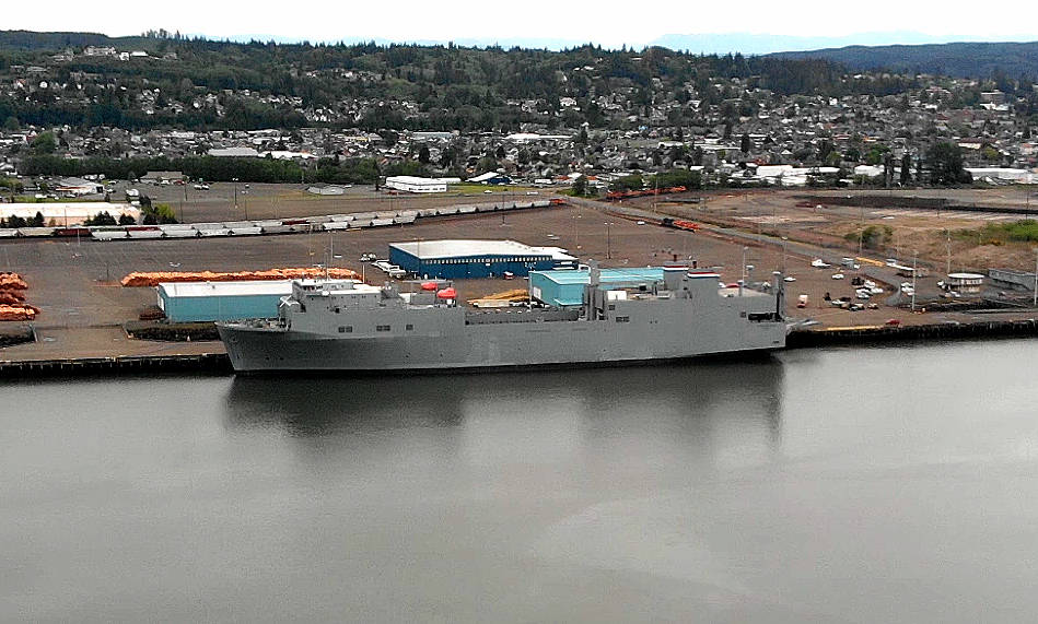 DAVE HAVILAND | THE DAILY WORLD
The Cape Orlando docked at the Port of Grays Harbor's Terminal 4 in Aberdeen prepares to load vehicles and equipment for Exercise Talisman Sabre 21 in Australia.