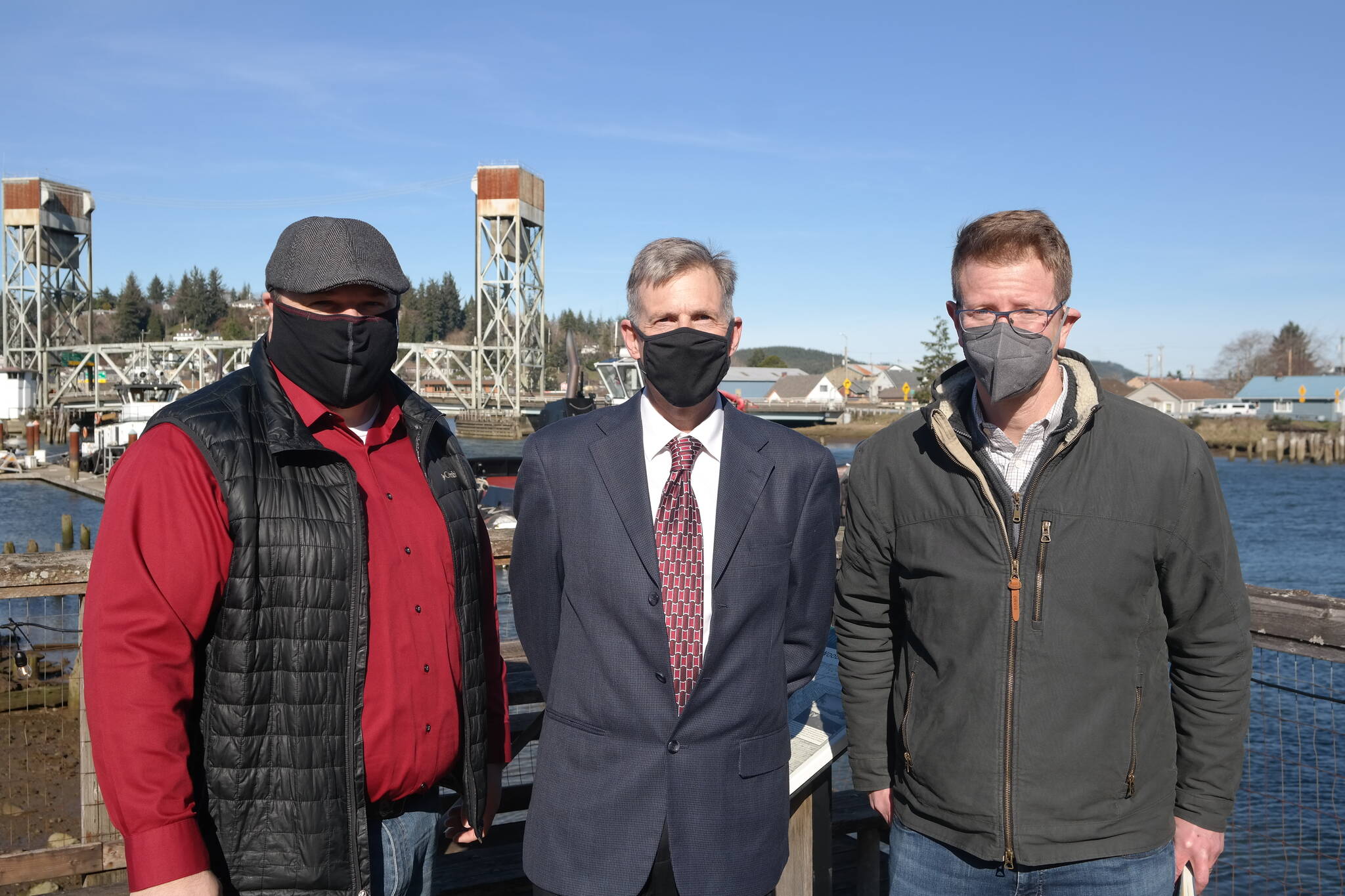 Left to right: Hoquiam Mayor Ben Winkleman, Hoquiam City Administrator Brian Shay and Rep. Derek Kilmer meet to discuss North Shore Levee project funding following recent floods. Erika Gebhardt | The Daily World