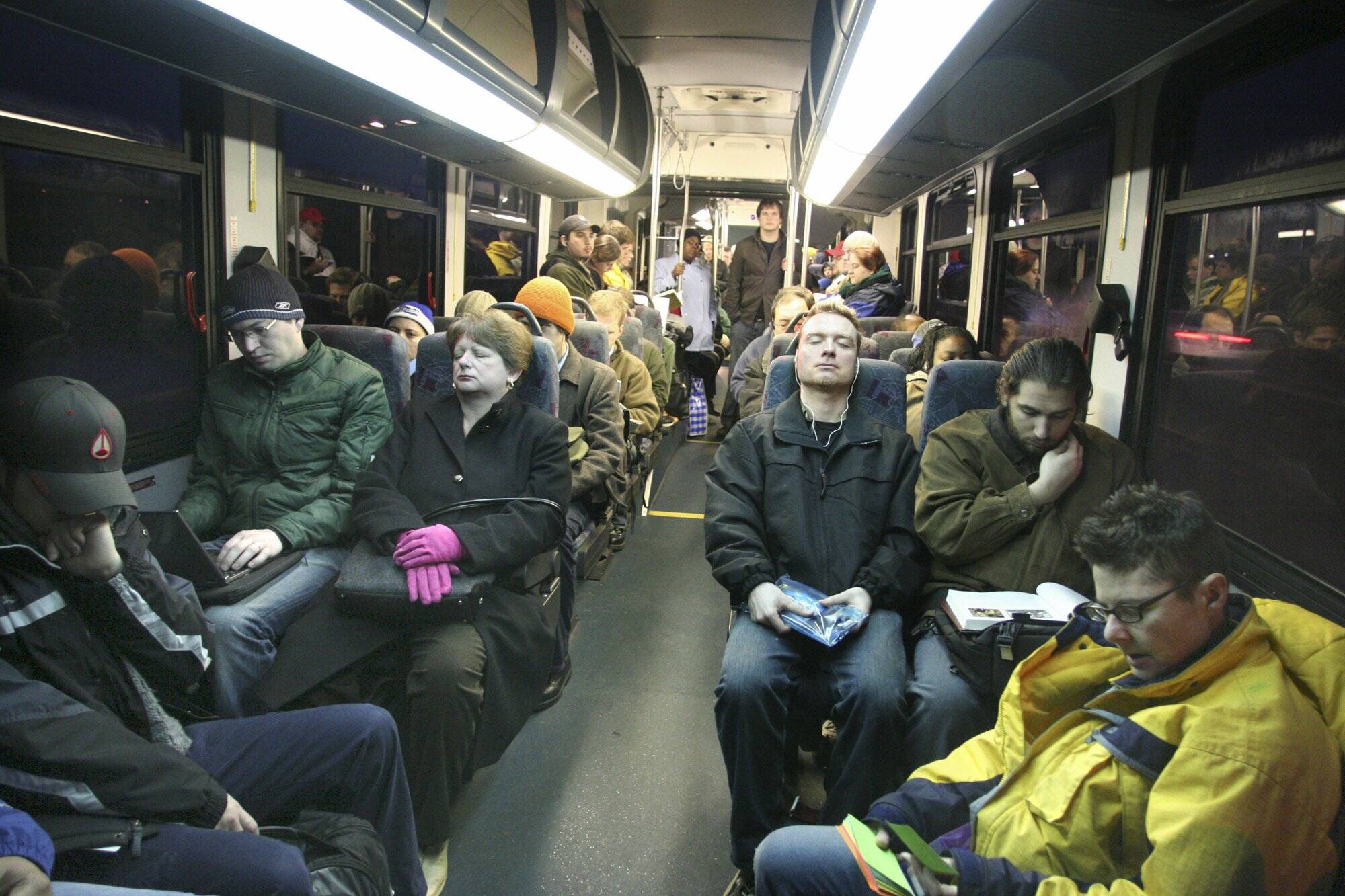 Mike Siegel | Seattle Times | KRT | File Photo 
The early-morning ride aboard the No. 545 Sound Transit bus heads east across the Evergreen Point Floating Bridge, as commuters tune into music or just plain tune out.