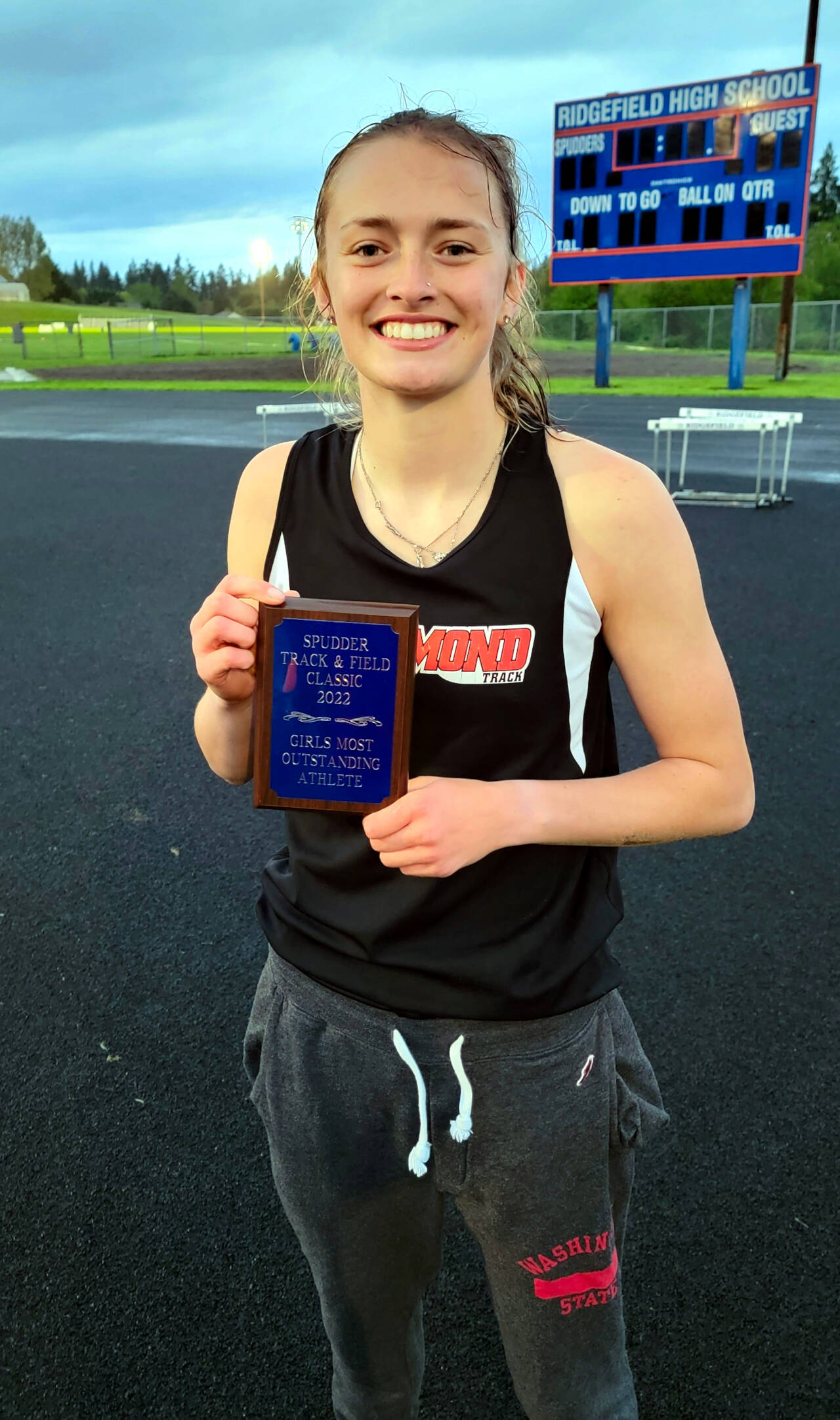 SUBMITTED PHOTO Raymond’s Kyra Gardner won all four events she entered and was named the Girls Most Outstanding Athlete of the 2022 Spudder Track & Field Classic on Thursday at Ridgefield High School.